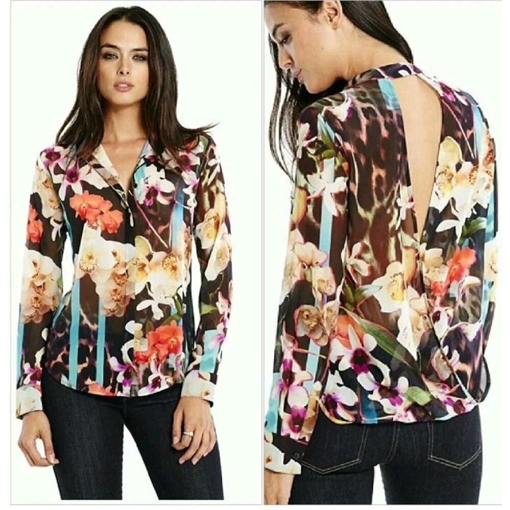 Guess by Marciano Shirt Women's Sz Large Floral Temptation Cutout Satin Slinky